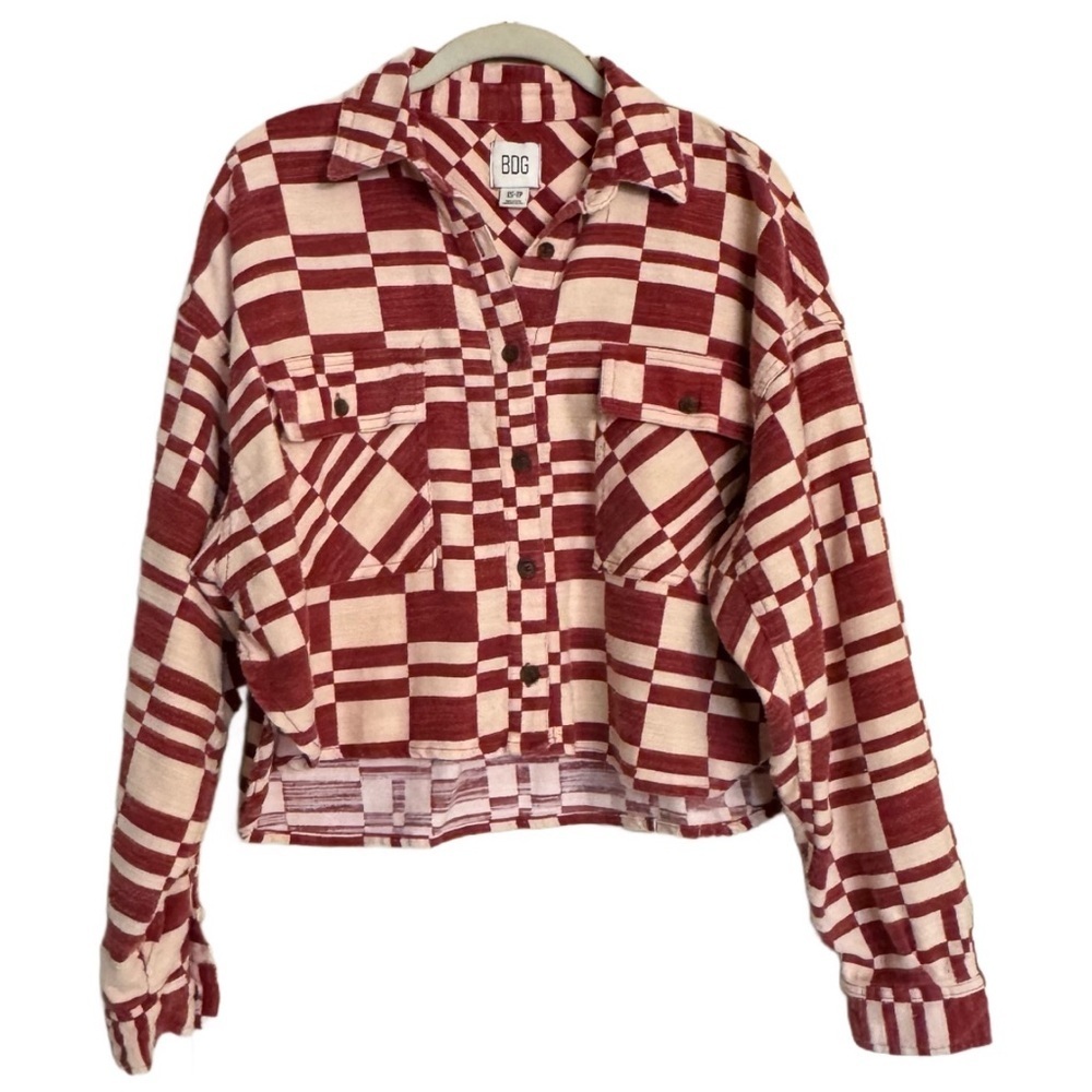 Urban Outfitters BDG Caleb Crop Flannel Shirt Jacket Sz XS Red White Cotton